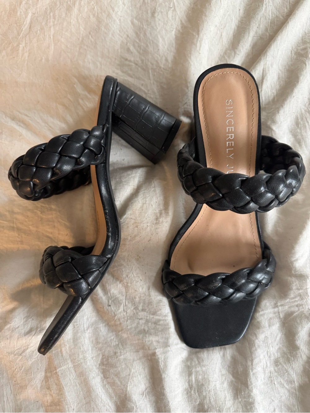 Sincerely Jules Black Braided Double-Strap Block Heel Sandals